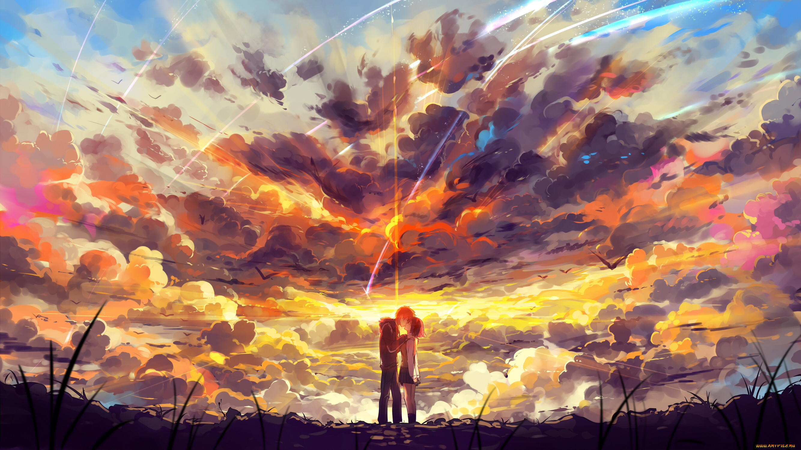 Обои Аниме Kimi no Na wa, обои для рабочего стола, фотографии аниме, kimi  no na wa, небо, tachibana, taki, двое, школьники, форма, haraguroi, you,  kimi, no, na, wa, арт, парень, miyamizu, mitsuha,